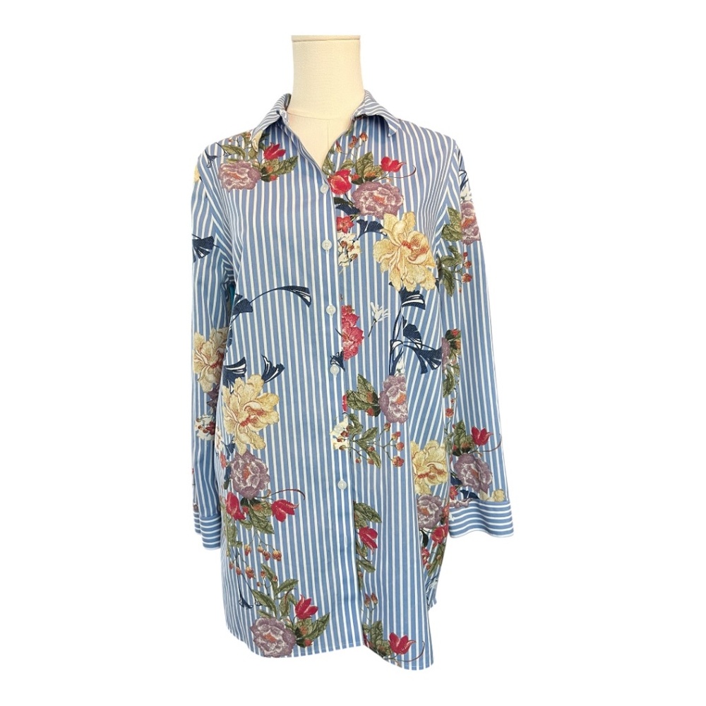 👚 EUC CHICO’S Floral Stripe No Iron Button Up Shirt | Size 4/6 (0)